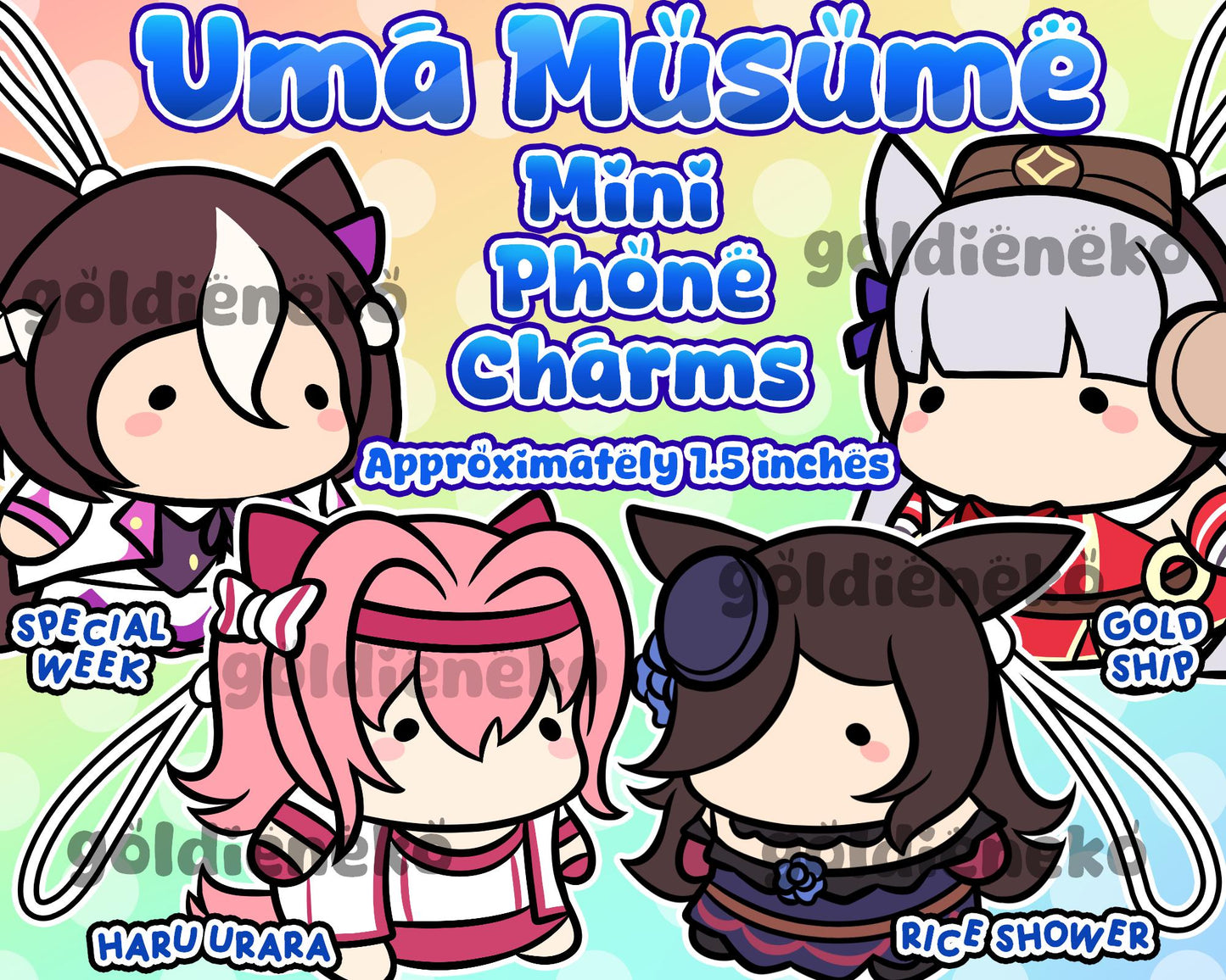 Uma Musume Haru Urara, Rice Shower, Special Week and Goldship Chibi Bean Phone Charm Keychains