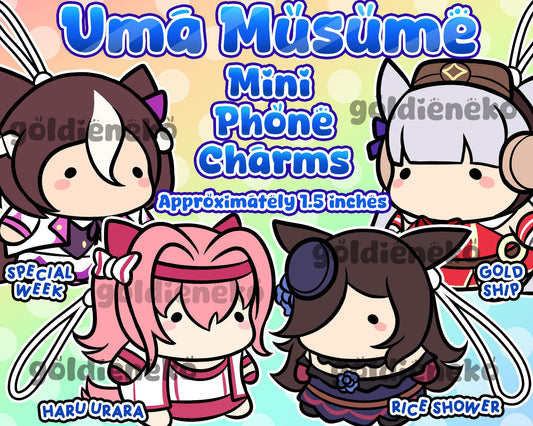 Uma Musume Haru Urara, Rice Shower, Special Week and Goldship Chibi Bean Phone Charm Keychains